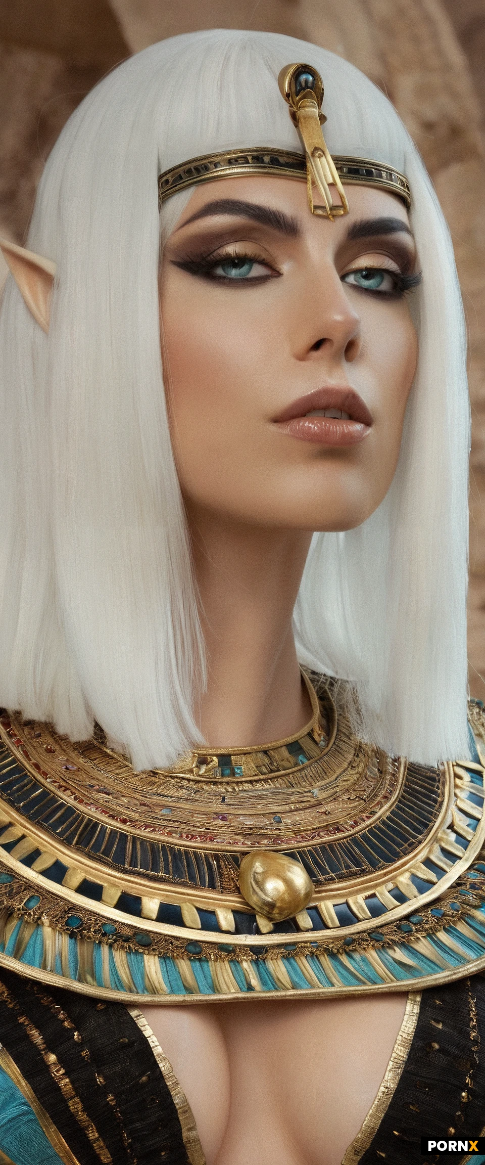 Elf, bobcut, sliced hair, straight hair, white hair, short hair: 1.4, Cleopatra make-up,Cleopatra eyes,
