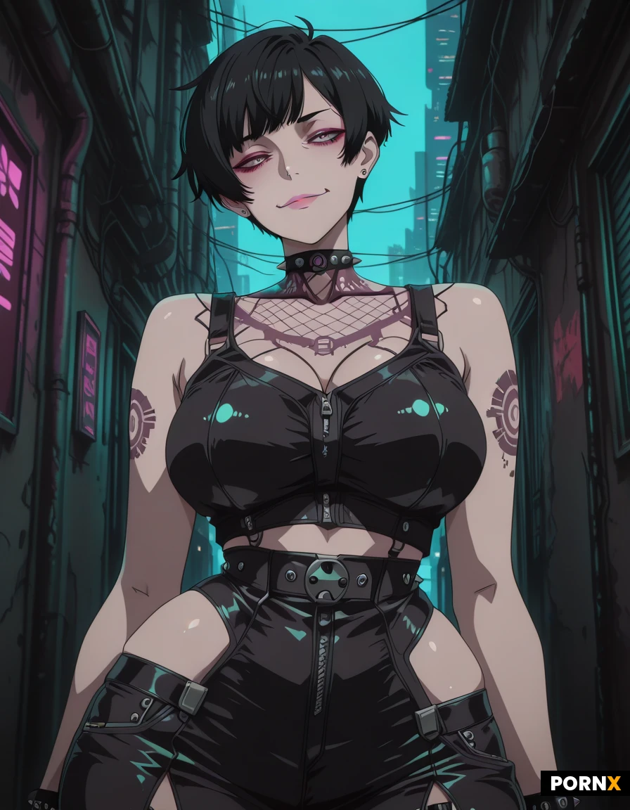 20 year old woman, cute face, black pixie cut, big tits, wide hips, punk clothing, in a dark cyberpunk alleyway, neon dystopia.