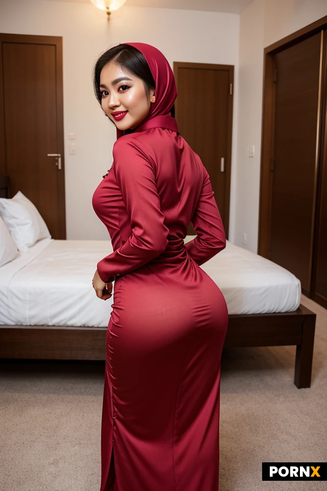 Realistic beautiful girl, ultra 8k resolution, realistic details, malaysian, asian, 25 years old, full-body view, slim body, natural, makeup, lipstick, baju kurung, red hijabi, cutey, shy smile, bedroom, seduction, standing pose, ass up, doggy anal.