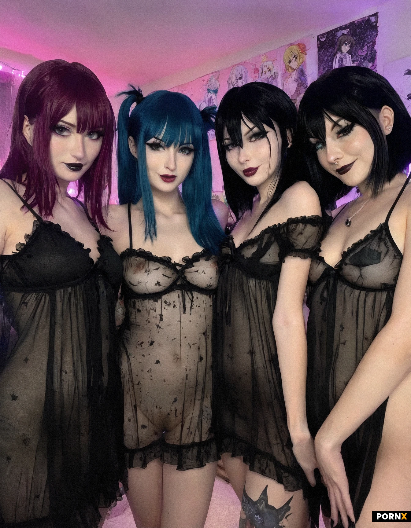 (very_cute_anime_like_face:1.5),18 years old, (gothic:1:2),(anime:2),(toon:1.5),A group of women. Flawless faces. They are wearing sheer rainbow colored babydoll nighties. exposing their pussy, Standing in my bedroom.