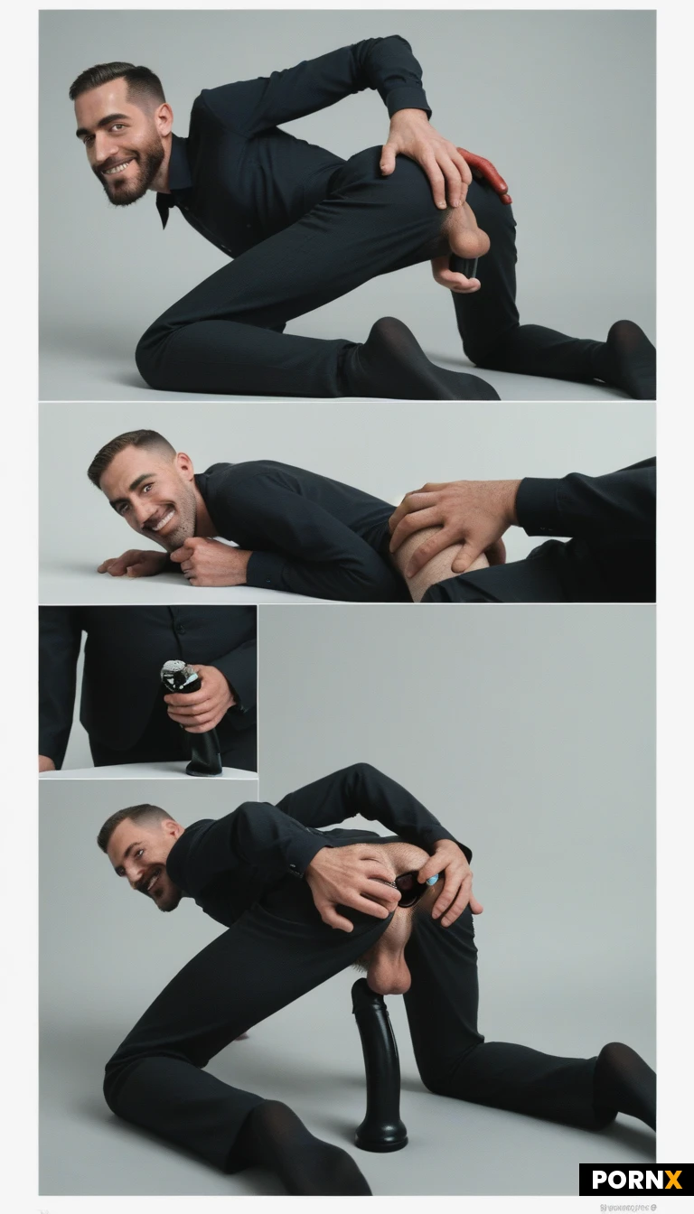 (One cute_Man:1.3),((solo Male)),(handsome,masculine:1.0)
Three_quarter_side_view through legs,
((Anal ,holding_dildo_in_grip:1.3),( hand behind ass:1.3):1.3),(kneeling ass up,looking back:1.3), head down,splits,(spreading legs,knee up:1.3),(better hands),intricate_gestures
(smug,better teeth :1.0),(open mouth:0.5),buzz_cut,beard
(((skinny_adult:1.3):1.3), flat chest,hairy_legs:1.3),( open office shirt:1.1),knees,(black socks)
(Cinematic studio light)
<lora:055:0.8>,((erect penis:1.3):1.3), (testicles:1.3)
Penis,<lora:bettercocks:0.8>
<lora:fixhands:0.8>((Dramatic_shadows:1.3):1.3),(highly_detailed_eyes:1.0),(intricate_details:1.0),(shot_on_85mm_at_f/2.8,8k:1.0),(sharp_focus:1.0), (visible_skin_texture:1.0),(film_grain:1.0),(masterpiece, best quality, highres, absurdres)