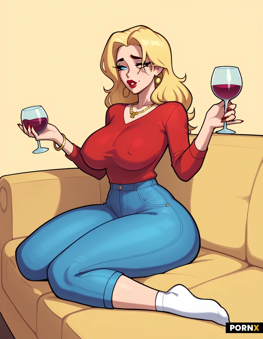 A slim, middle-aged milf with fair skin and long, wavy golden-blonde hair reaching past her shoulders. Her hair is slightly tousled and swept back, with loose strands framing her face. She has large blue eyes, thin curved eyebrows, a small pointed nose. She has a slender, slightly curvy figure.
She is wearing a tight red colored V-neck red t shirt, fitted blue jean pants, and white socks. No prominent jewelry or accessories.sitting on couch
Render her in a clean 2D Western adult-animation style: bold black outlines, flat solid colors,, minimal shading, exaggerated cartoon proportions,Keep the design visually consistent with a crude, comedic sci-fi cartoon aesthetic. She has a wine glass in her hands.shes been drinking
