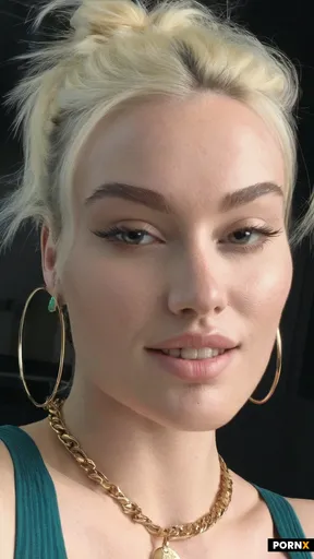 Close-up selfie of a woman with blonde hair styled in a high messy bun