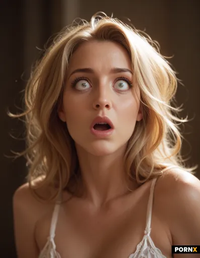 The face of a blonde woman in her 20s with long messy hair is staring into the camera with very wide