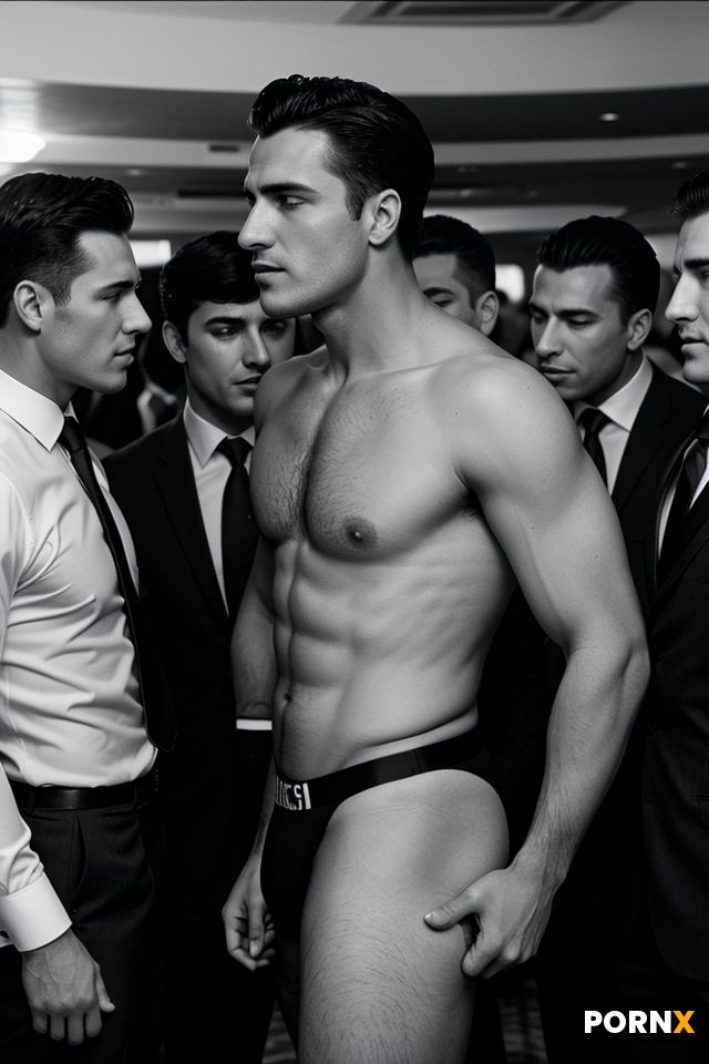 A guy in his jockstrap is surrounded and kissed by many businessmen in formal suits in casino