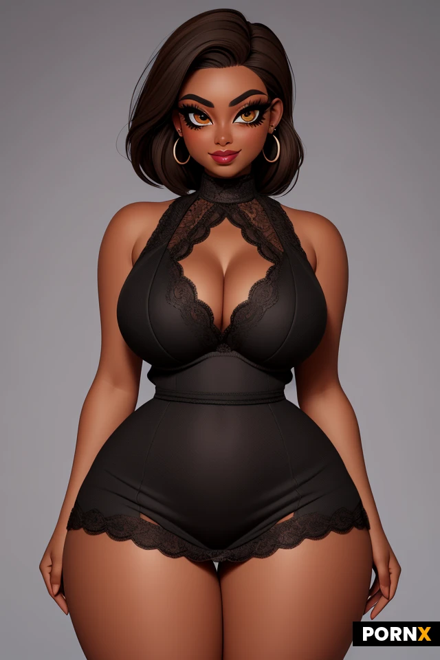 woman, dark skin, light brown hair, lots of makeup, (thick black eyeliner:1.15), long eyelashes, (eye shadow:1.15), (thick lips:1.15), earrings, (curvy:1.5), (thick:1.45), (fat thighs:1.425), firm, (wide hips:1.5), (narrow waist:1.475), lipstick, (large eyes:1.1), (amber eyes:1.1), lace dress, smirk, portrait