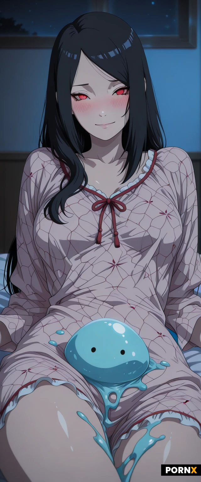 masterpiece, best quality, highres, absurdres, 1girl, solo, long_hair, _eyes, pajamas, cute_pattern, bedroom, bed, sheets, , submissive_smile, blush, soft_light, night, close_up, Inspired by the bold,visceral styles of asou_asabu202,breaksarada:.uchiha,and breakboruto,this scene blends raw sensuality with intricate,artistic detail,capturing every curve and shadow of her cute body,slime crawling on her body