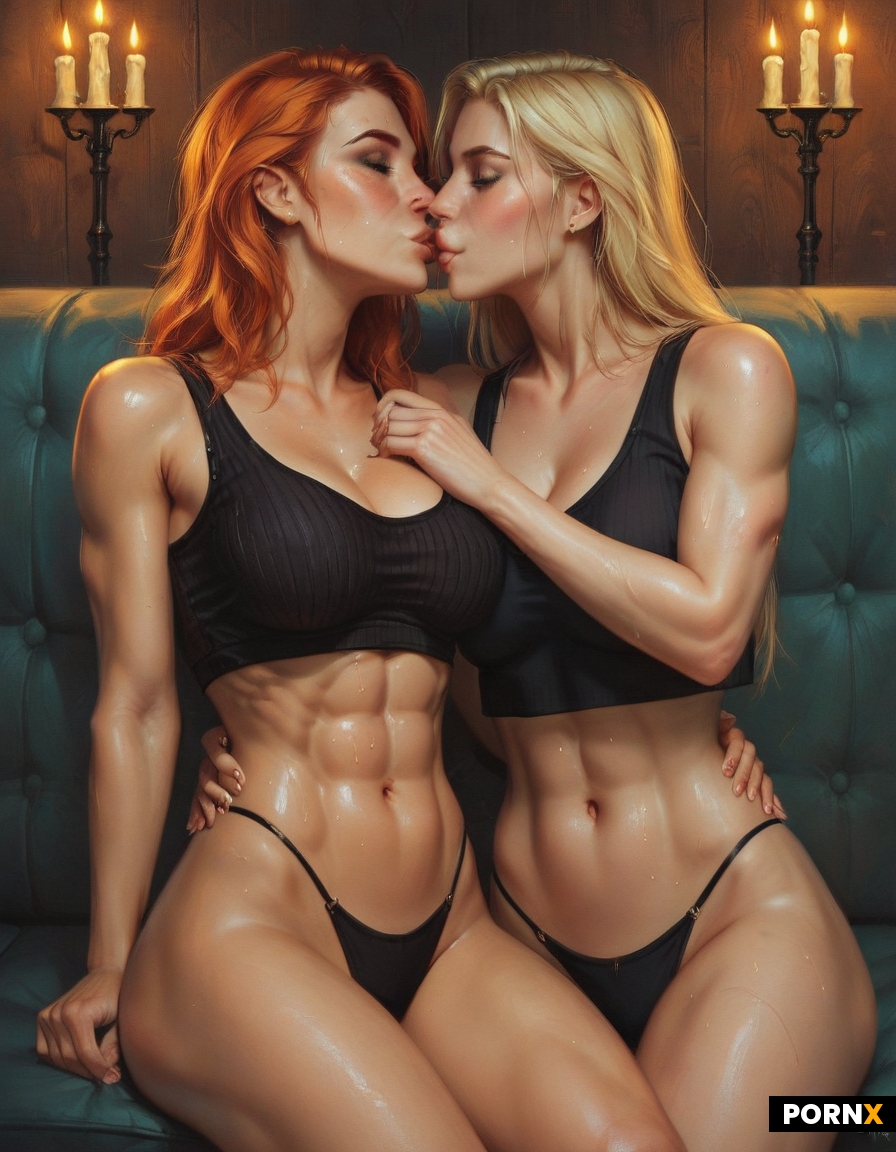 Blonde and redhead women kissing on a sofa at night wearing thong black pajamas and cropped