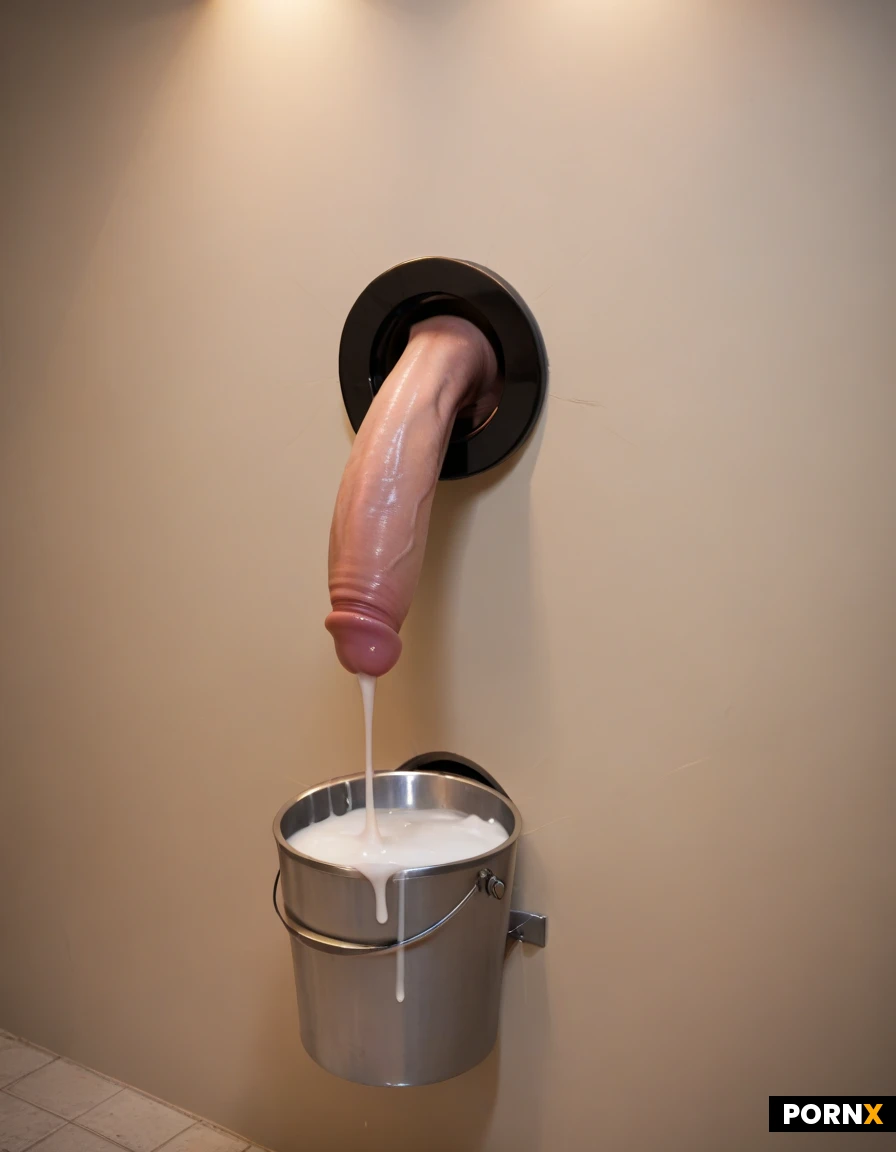 glory wall, penis sticking through hole in wall, machine on penis, machine milking, milking machine, penis milking, penis through wall, hole in wall, ejaculation, cum dripping, dark lighting, penis covered in latex, liquid latex, cum collection bucket, cum in bucket