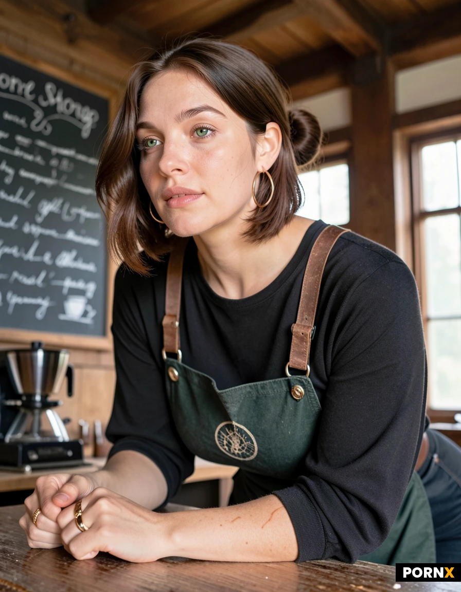 Photorealistic editorial portrait of a 37-year-old woman working behind the counter of a small independent coffee shop. Dark auburn hair, low messy bun with loose strands framing her face. Green-hazel eyes, dark expressive brows, freckles across the cheekbones and bridge of the nose, a wide mouth with the beginning of a knowing half-smile, slight convex curve to the bridge of her nose. Fair skin with warm undertones and visible skin texture, fine lines at the eyes. Curvy, sturdy build — broad hips, full chest, strong forearms. Wearing a fitted black t-shirt with sleeves pushed above the elbow, dark denim, and a worn moss-green canvas apron with leather straps. Small gold hoop earrings, two stacked rings on her right hand, a faint burn scar on the inside of her left wrist. She is leaning forward with both forearms on a scarred wooden counter, looking directly at the viewer with amused, direct, slightly challenging eye contact. Background: espresso machine with steam haze, shelves of coffee bags, chalkboard menu, softly out of focus. Warm morning light from a large window at camera left, natural shadows. Shot on 85mm lens at f/1.8, shallow depth of field, natural color grading, documentary photography style, high detail, 4K.