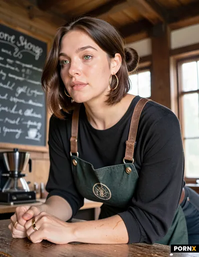 Photorealistic editorial portrait of a 37-year-old woman working behind the counter of a small indep