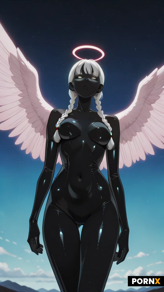 Wide angle from below
Nude Woman
(Floating in the sky : 2.0 )
((pink Angel wings))
( four white braids : 2.0)
)
(Pitch black skin : 2.0), glowing solid white eyes)
(body Contours, neon outlined skin : 1.7)
(blue circuitry under arms ) lighting in background