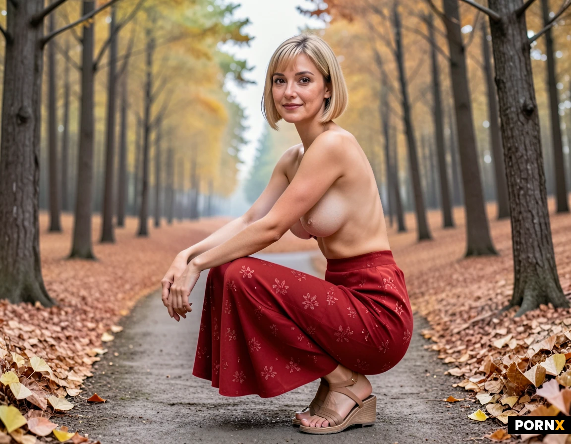 masterpiece, best quality, highres, absurdres, looking_at_viewer, red_gipsy_skirt, long_skirt, floral_pattern, roman_sandals, topless, nude, smile, sexy_pose, autumn, forest, clearing, evening, soft_light,side_view, she is on her knees.