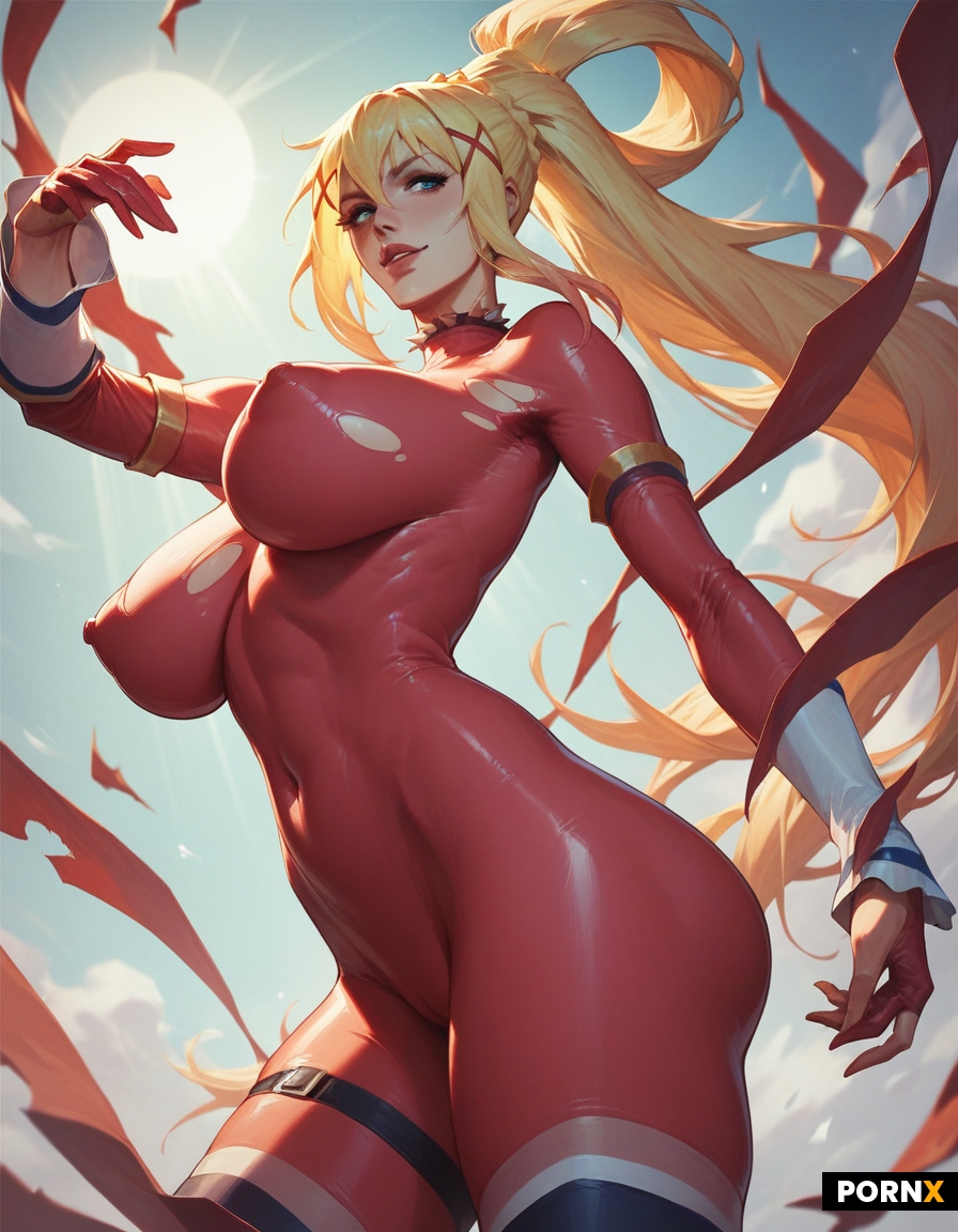 Konosuba darkness blonde bodysuit big breasts cleavage pink erect nipples bubble butt