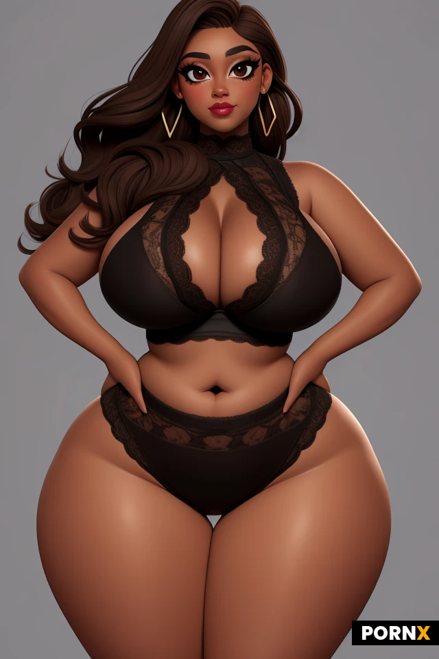 woman, dark skin, light brownish hair, lots of makeup, thick black eyeliner, thick lips, plump lips, earrings, (thick thighs:1.2), (curvy:1.5), (thick:1.25), (voluptuous:1.25), (huge boobs:1.3), tight, busty, firm, perky, (wide hips:1.5), (narrow waist:1.35), lipstick, large eyes, lace, smirk, portrait
