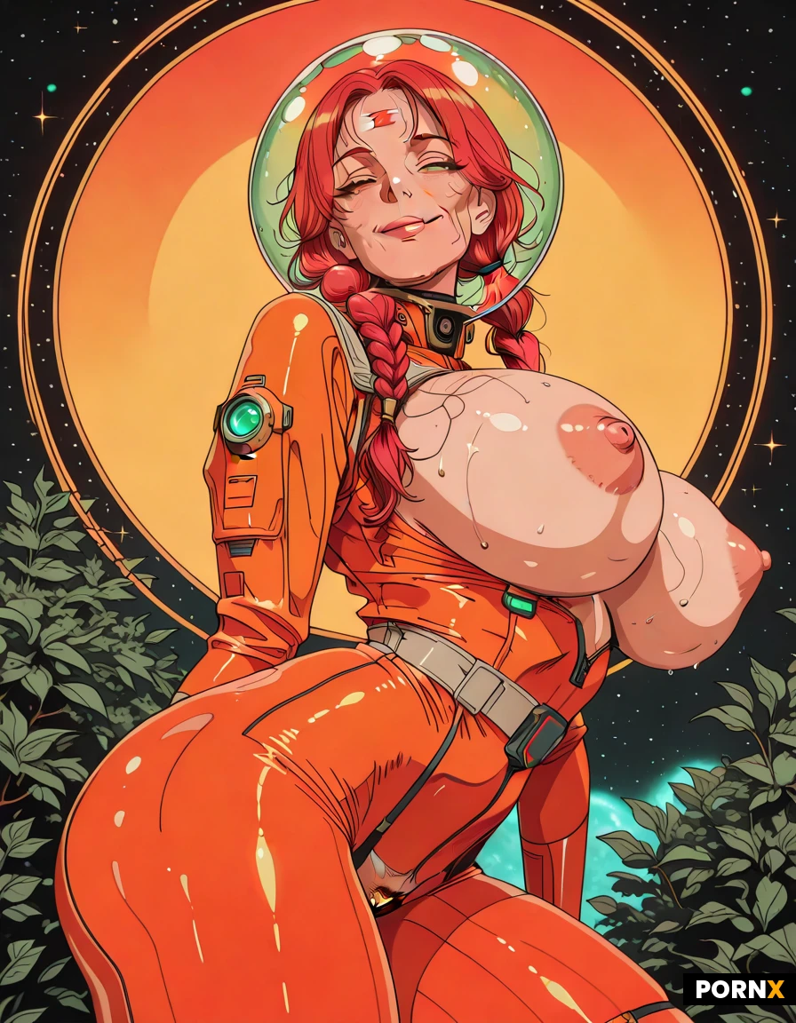 A 37-year-old woman with vibrant red hair styled in braided pigtails and striking emerald eyes, boasting huge breasts and a round, firm buttocks, stands in a dynamic, full-body pose with a seductive smile. Her body angled forward to showcase the curves of her in a skin-tight red retro-futuristic space suit that clings to every contour. She unzips the space suit to reveal her nude breasts and the top of her bush of pubic hair. As her breasts spill out they shine with sweat and flecks of golden glitter. Surrounding her head is a large transparent bubble helmet. Soft rim lighting and a neon backlight accentuate the glossy suit, creating a shallow depth of field that keeps her torso sharply in focus while the background blurs. Captured from a low camera angle that emphasizes her powerful stance, the scene is rendered in vivid art nouveau illustration with crisp line work and saturated colors.