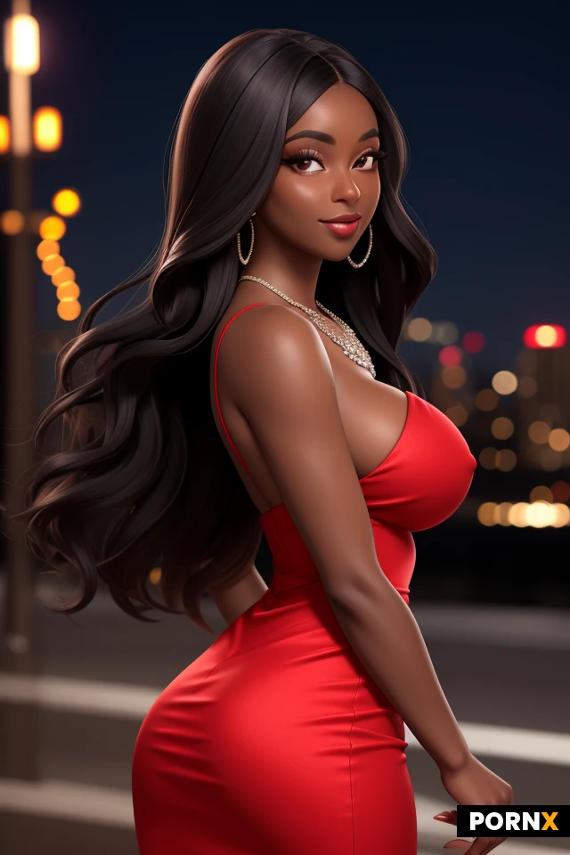 dark skinned black woman, sharp features, 30s, long hair, thick, big boobs, at a downtown gala at night, llooking seductivvely at viewer, in a glamourous dress, adorned withv diamond necklace