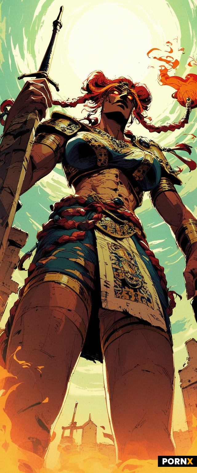 A warrior woman with fiery red hair styled in intricate buns and braids stands defiantly on an ancie