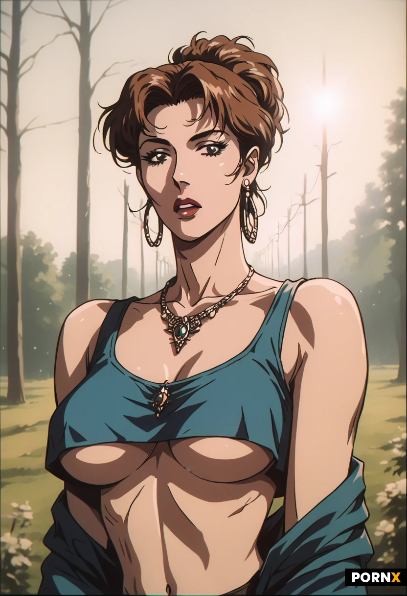 masterpiece, best quality, highres, absurdres, 1girl, solo, turkish, mother, long_hair, brown_hair, brown_eyes, large_breasts, underboob, crop_top, pink_crop_top, breasts_together, close_up, portrait, looking_at_viewer, shocked, dim_lighting, soft_shadows, cinematic_lighting, shallow_depth_of_field