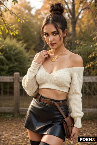 Photorealistic autumn fashion editorial portrait of an adult woman in her mid-20s