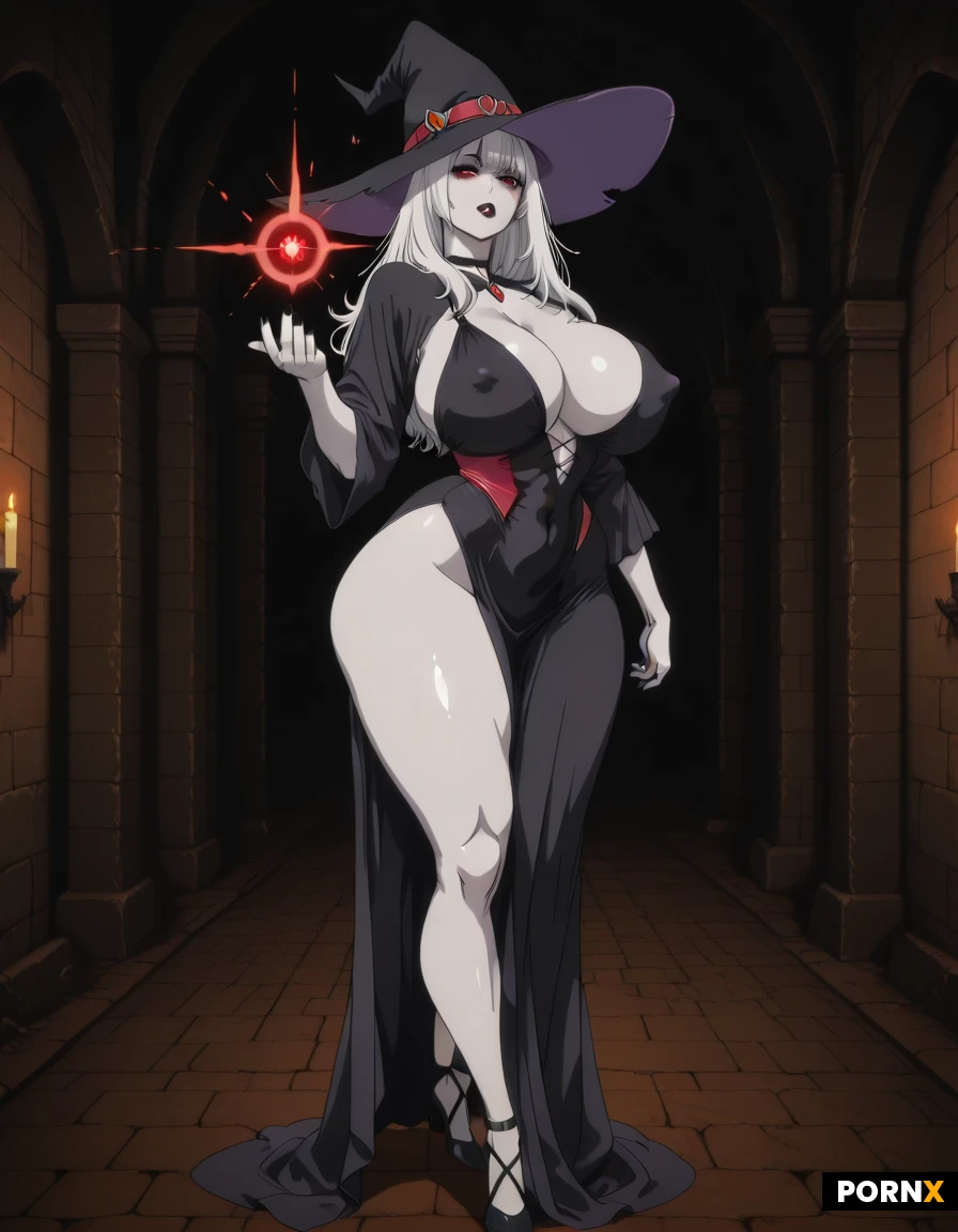 A sexy witch with long, messy white hair, a black witch hat, red eyes, dark makeup, pale skin, soft lips, full lips, huge breasts, erect nipples, curvy body, full body, abs, wide hips, huge ass, wearing a sexy witch dress with cleavage and exposed legs, casting a spell in a dark dungeon