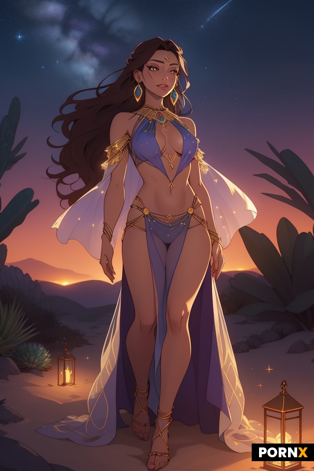 scene_description: A beautiful 24-year-old woman gypsy wandering in a lush desert oasis at dusk