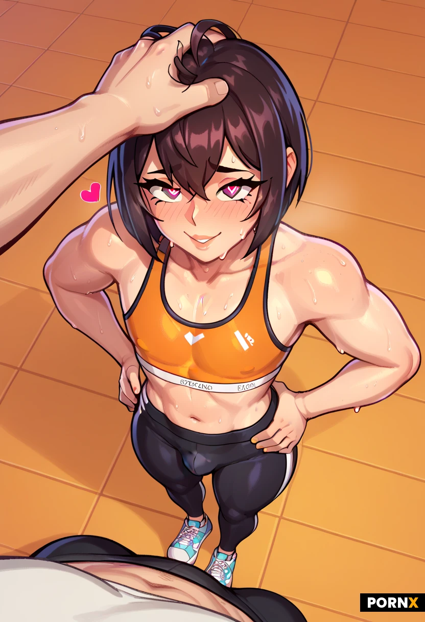 beautiful slender asian woman, black bob with bangs, slim body, small breasts, sports bra and tight leggings, gym outfit, sweaty skin, sneakers, 1man, 1femboy, Heart eyes, tiny_femboy, full-length figure, pov boner, pov Overhead view, tall Man, pat head, grab head, boner, femboy boner, black pants, orange bra, standing, pat femboy head, Man's hand on femboy's head, yoga mat on floor, hands on hips,