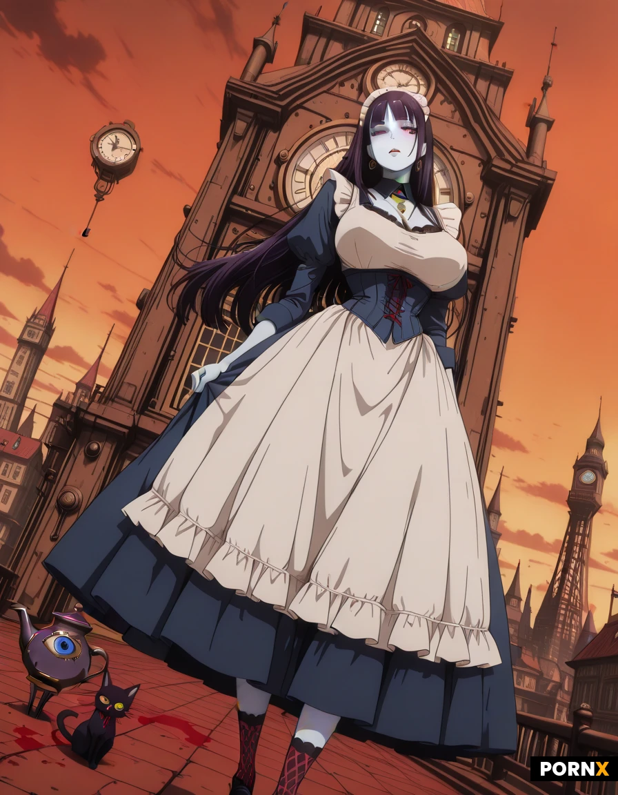 high definition, steampunk gothic style, woman 20s, pale white skin, blue eyeball, dark straight long hair, she wearing bright blue Victorian maid dress with red ink stains and intricate lace. She holds a sharp engraved knife. look at viewer, big breast, long necklace with key shape pendsnt, long color band socks, background, steampunk-industrial Wonderland landscape, giant mechanical cogs, floating landmasses, giant floating clock tower, giant teapot with legs, gaint teacups, a purple skinny cat, detailed face, detailed eye, dynamic angle