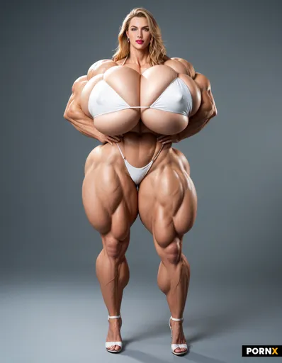 Full body image of a Super mega muscular female hyper bodybuilder model