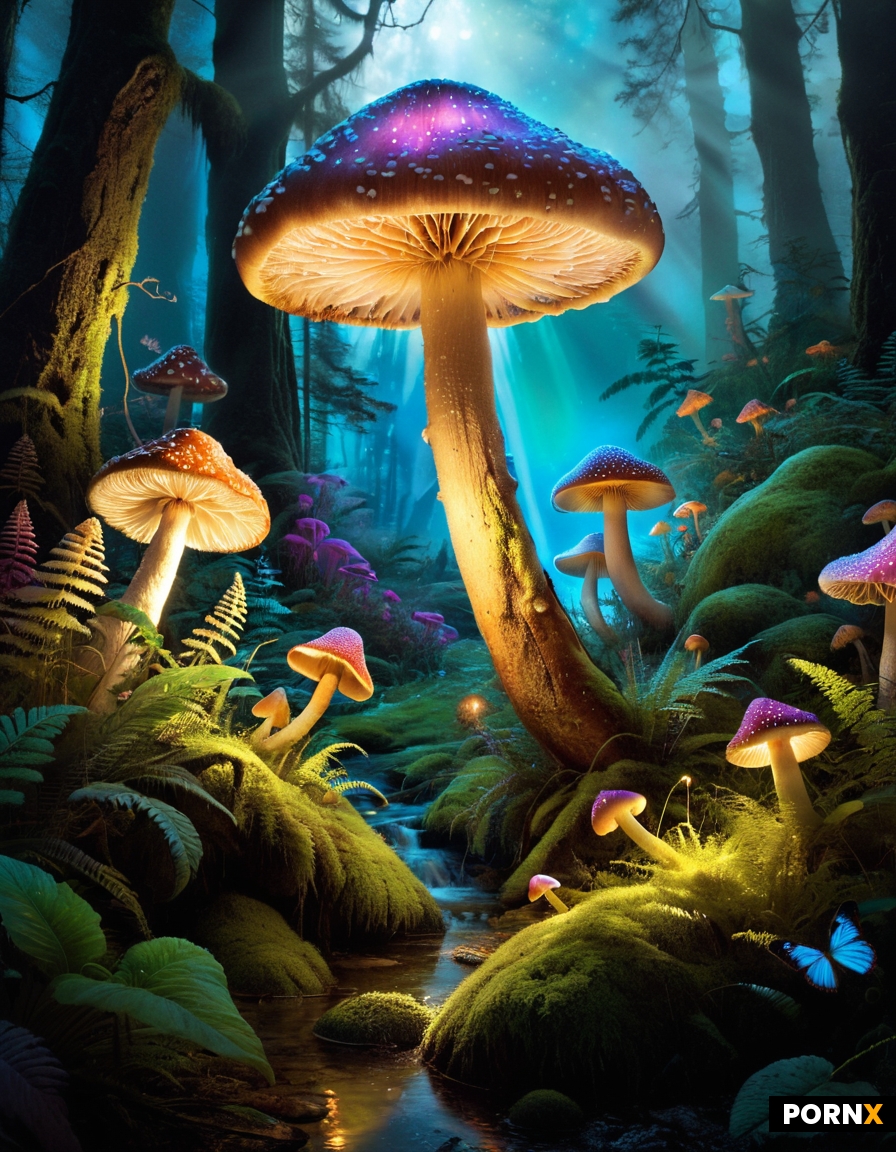 Create a psychedelic scene centered around enchanting mushrooms