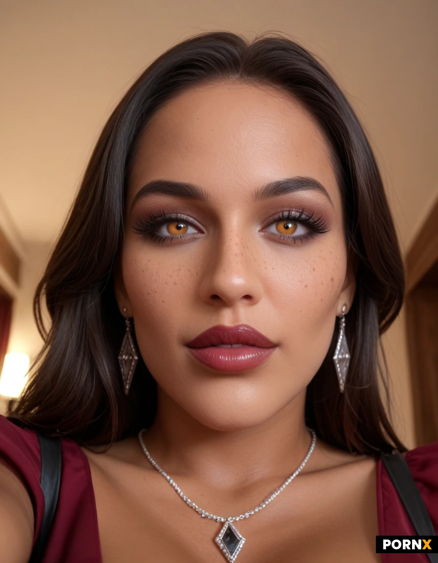 Qc, girl shoulder-length brunette hair, freckles, close-up face selfie, Nigerian african extremely black beauty, dark black tanned skin, big freckles on face and neck, amber eyes with watery big pupils, bridal glamorous makeup, big glamorous eye-lashes, extreme dark under eyes make up like goth, reddish amber eyes, long-length fluffy untied black hair, wearing maroon saree, close up into big busty huge perfect blouse not exposed covered underneath maroon salwar with silver embroidery, black salwar with silver embroidery wrapped on body elegantly, wearing bangles, long diamond necklace earrings bindi on forehead like married rich woman, lustful seductive hungry pulpy lips, diamond jewelry on forehead, realistic sharp skin freckles, no fake looking, dark cinematic ancient village room background, dim light background with deep shadow blurry background, night setting, romantic atmosphere, view from below big maroon blouse