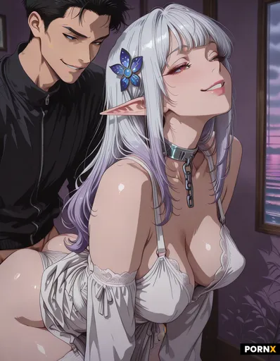 A lithe 20-year-old Japanese elf with cascading white hair tipped in violet lowers her head