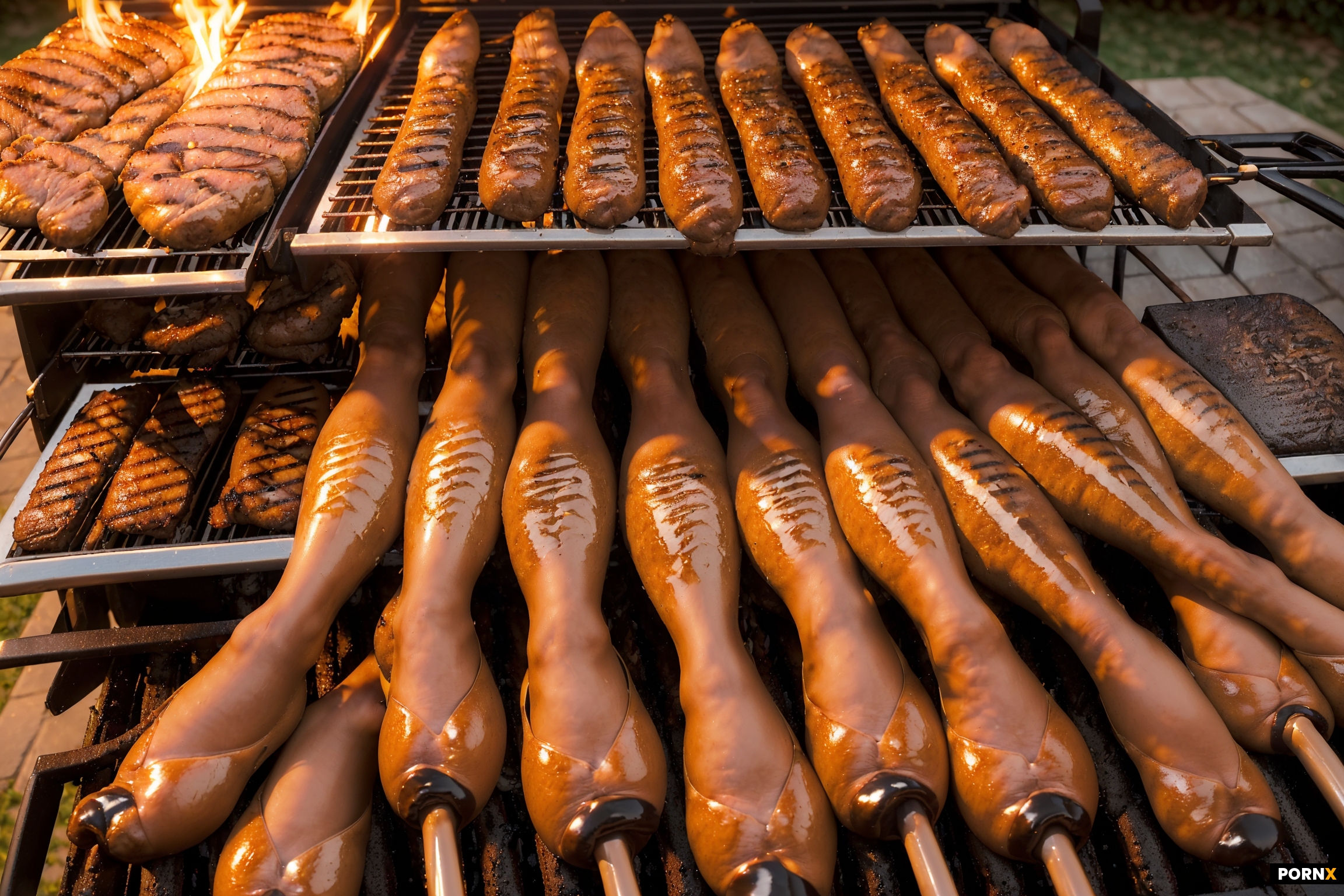 A huge outdoor mass grilling rack filled with various small disembodied pairs of perfect women's leg