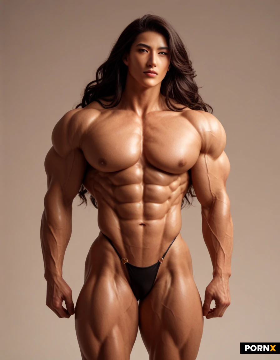 Anime. (God hormones body). Twink..long flowing hair. Thong. Extreme Buff. (Large Muscular :1.2). Glamour. Broad shoulders. Veins. (Thick :1.8). Non-binary individual.. (Cartoony muscular body). Indoor warm lighting. East Asian Chinese.. performance enhancement steroids heavily usage