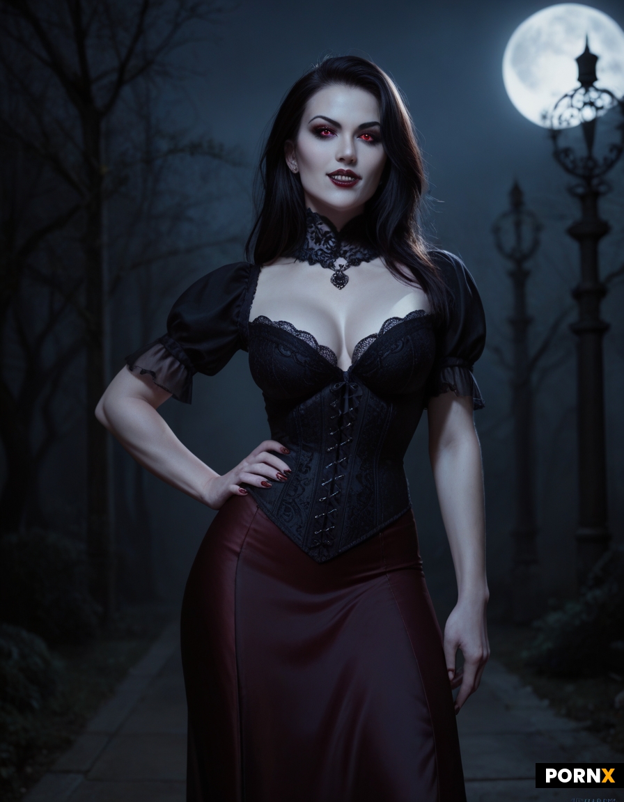Lady of the night with vampire fangs and pale ghoulish white skin