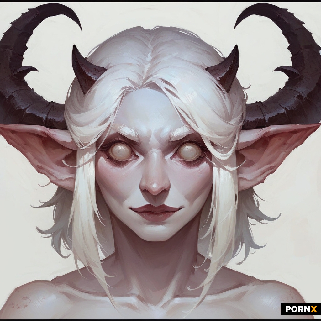 art painterly + goblin-girl + albino white skin + big cute eyes + white hair + horns + white backgro