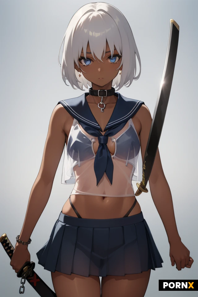 1girl, solo, silver hair, very short hair, blue eyes, cool expression, boyish face, dark skin, small breasts, toned body, thin build, collar with long chain, japanese sword, see-through sailor uniform, no bra, no skirt, see-through thong, sword belt, katana
