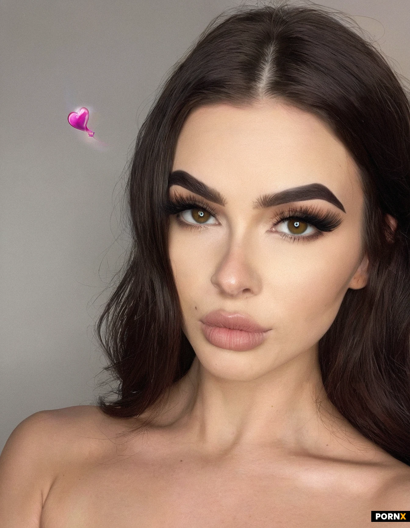 An exceptionally beautiful 20-year-old adult brunette woman with a softly sculpted-shaped face, warm golden-olive skin, large deep brown almond-shaped eyes, naturally thick dark eyebrows, long curled eyelashes, a straight nose, high feminine cheekbones, full soft pink lips with a defined cupid’s bow, a delicate jawline, a small rounded chin, subtle natural facial asymmetry and realistic skin with fine pores