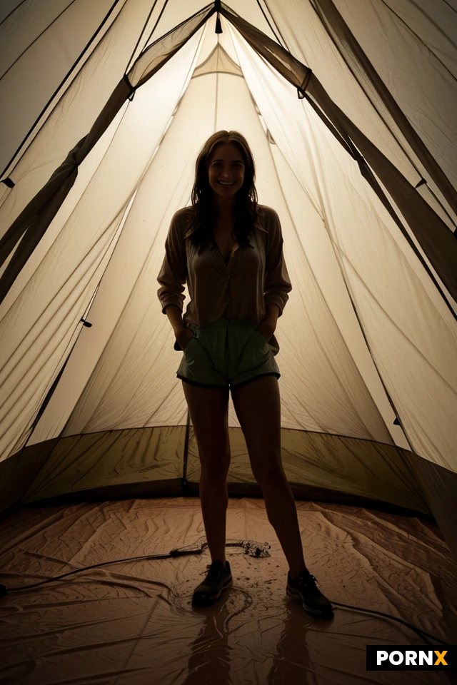 (low light image:1.7), View from inside a dry and cozy tent, ((full body view)), campsite in constant rain, muddy weather, 30 years old, muscular, extremely small sagging breasts under hiking shirt, flat chest, ultra realistic skin, smiling, stunning, sexy, hot, brown hair, (Long Layered Bob:1.2), totally wet hair, sitting inside the tent, wears a tan cotton hiking shirt that is soaking wet and sticks tight to her skin, showing her shape, a thunderstorm is approaching, (lightning strikes:1), it is dry and cozy inside the messy tent, (dry and cozy tent interior:1.2), focused body, small colorful LED lamps give warm light, perfectly lit woman, hvrn, heavy, rain, <lora:MJ52:.8>, ((see-through))