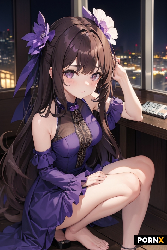 A beatiful human dog face woman wearing transparant purple long dresss