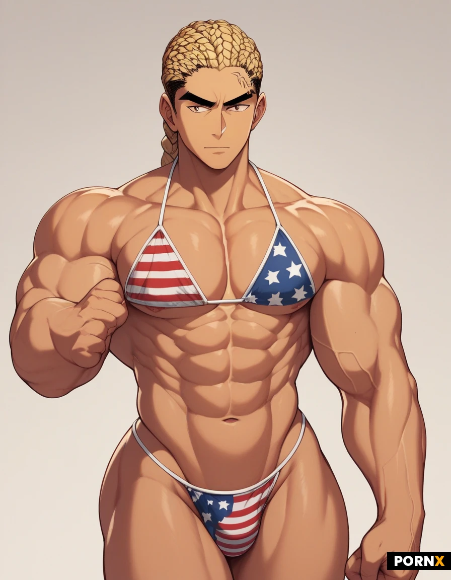Anime. Femboy Twink. Buff. Large muscle. Steroid veins. Cornrows braid hair. American stars stripes bikini. Thick buff. Brawn physique