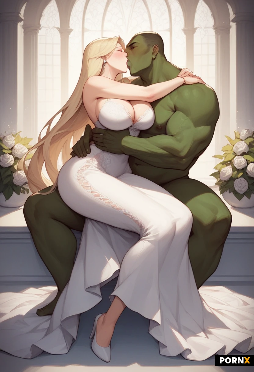 beautiful woman, long silver-blonde hair in a ponytail, big breasts, fair skin, face to face sex, sitting on lap, embracing, kissing, penetration, High quality, white pale skin, anime style, anime bitch, anime eyes, natural blonde hair, very long hair, sexy fat thicc Legs, fantastic big ass, Narrow Waist, Wide curvy Hips, round filled Breasts,sexy white full body dress, mansion garden, massive orc