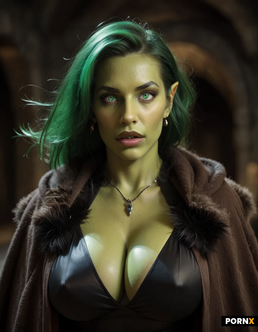 Orc female, green skin, masssive fake tits, enormous bouncing boobs, tits bouncing, wide eyes, , huge eyes, fur cloak, green hair, glowing green eyes, dark cave, firelit, close up