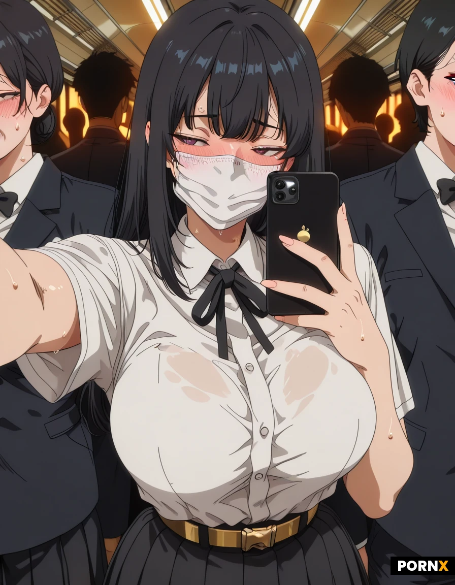 Anime-style selfie of a 19 year old woman with straight black hair and bangs, wearing a white surgical face mask, heavy blush on cheeks, slightly averted embarrassed gaze with half-lidded eyes, sweat drops on face and body, large breasts straining against a tight white short-sleeved collared button-up shirt with a black ribbon bow tie, top buttons barely holding, black pleated mini skirt with gold-buckled belt, holding a black smartphone in one hand taking a selfie, standing in a crowded Japanese train/subway car with other passengers in suits visible in the background, warm indoor lighting, detailed anime art style, high quality