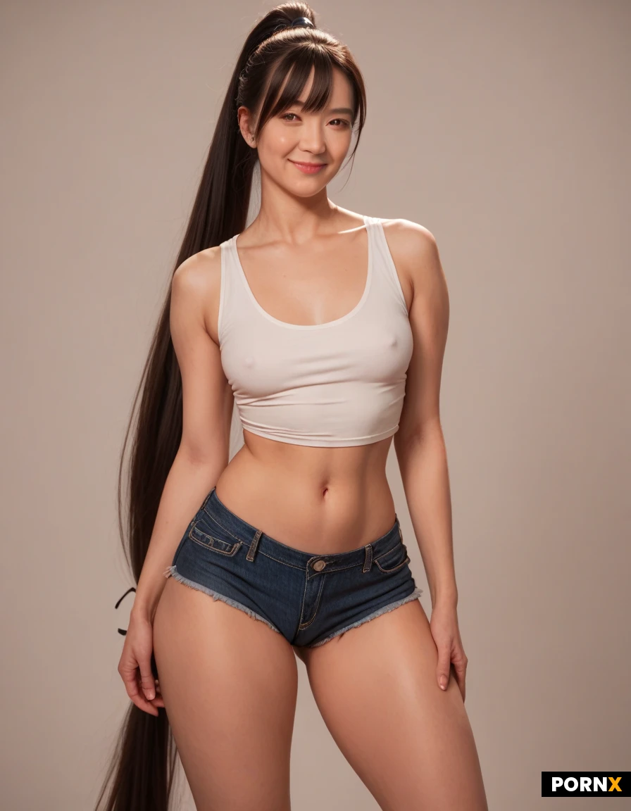1 girl, 45 years old, chinese woman, big pear bodyshape, nerdy, no lipstick, brown eyes, silky black hair, extremely long ponytail, tall ponytail, ponytail big black ribbon, japanese long bangs, long side hairs, windy hair, small boobs, small chest, extremely thick hips, big thick thighs, wearing a skimpy tanktop and skimpy shorts, short showing cameltoe shape, shy expression, natural pose, seductive smile, bedroom background, soft lights, low contrast, desaturated photo, photorealistic, evening