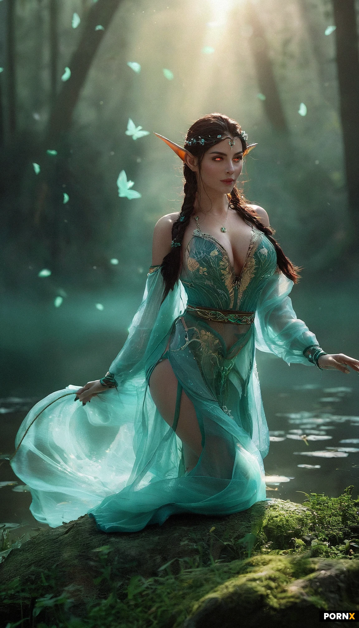 A lithe adult elven enchantress with long, tightly-braided hair cascades down past her pointed ears, her glowing red eyes flickering like moonlit sapphires beneath a delicate floral circlet as she kneels on a moss-draped rock, her small, pert ass tucked under a sheer, translucent leaf-silk dress that clings to her voluptuous, curvy form, accentuating her very large breasts, tiny waist and long, toned legs while a mysterious, alluring smile plays on her full lips. The dress is woven from silver-tinged foliage and teal accents that ripple like water, its revealing cut exposing smooth, dewy skin and a soft sheen of luminescent fireflies that carpet the surrounding glade, their faint orange glow mingling with the soft sunset beams that slice through a light veil of fog. Moonlight washes the scene in ethereal silver-teal light, creating a subtle rim-lighting effect on her curves and a gentle glow-aura around her, while shimmering magical particles drift around her fingertips. captured from a side-above angle with a shallow depth of field, the composition frames her forward-leaning, seductive pose against a vibrant, enchanted forest backdrop, rendered in high-detail, cinematic fantasy art style.