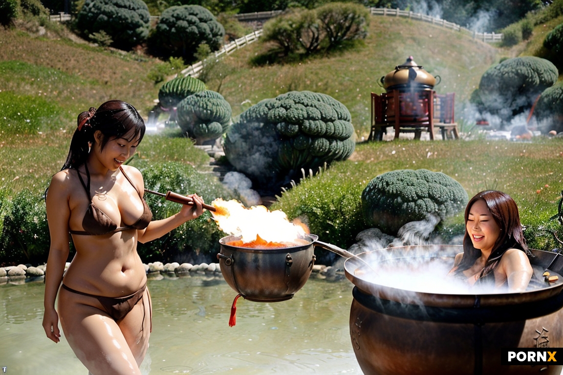 Naked Japanese woman submerged in a steaming cauldron and tied up with legs up while a Chinese woman