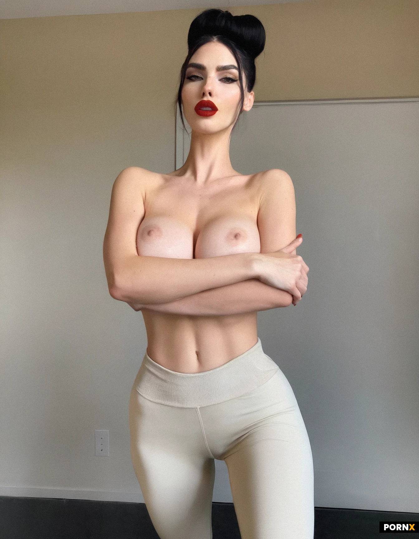Late 20s woman, Tall, black hair in a tight bun, wide jaw, athletic, pale skin, caucasian, red lipstick, nude