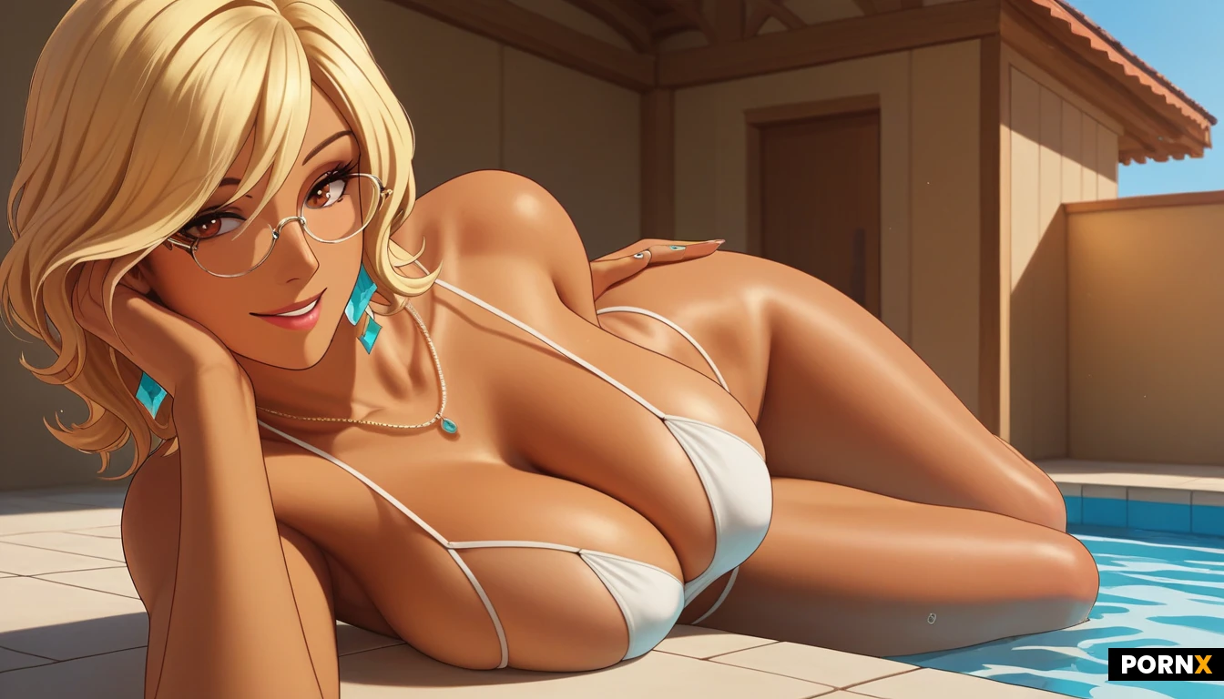 solo, 20s, Cute girl, smile, brown skin, (rendered in ultra-detailed anime eyes:1.4), clear-rimmed glasses, jewelry, multi-colored hair, bangs hair, big and soft breasts, slender thighs, slim body, cute face, look at you, seductive decollete for you, (intricate mini monokini :1.4). (scene is pool, house in background, full scene view, day light). rendered in ultra-detailed, high-resolution anime style with crisp linework.