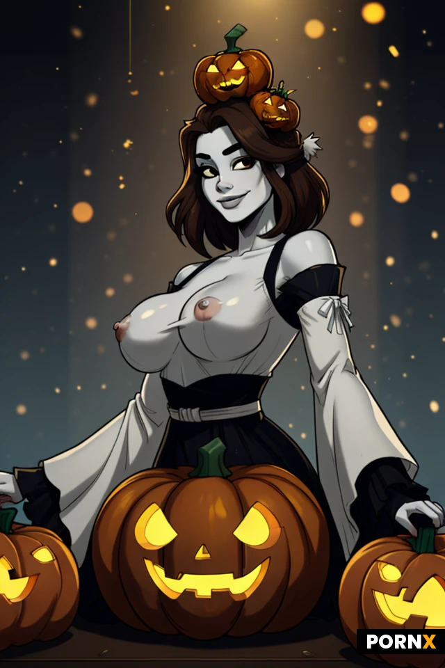 masterpiece, best quality, highres, absurdres, 1girl, solo, geometric_head, square_eyes, black_eyes, thin_eyebrows, white_skin, curvy, large_breasts, dark_areolae, striped_sleeves, brown_sleeves, wooden_sleeves, pumpkin_on_head, green_stem, smiling, front_view, simple_background, soft_lighting, high_angle